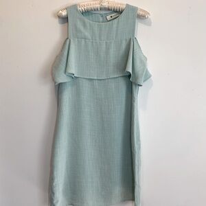 Impeccable Pig Linen Blend Cold Shoulder Ruffle Blue Mini Dress